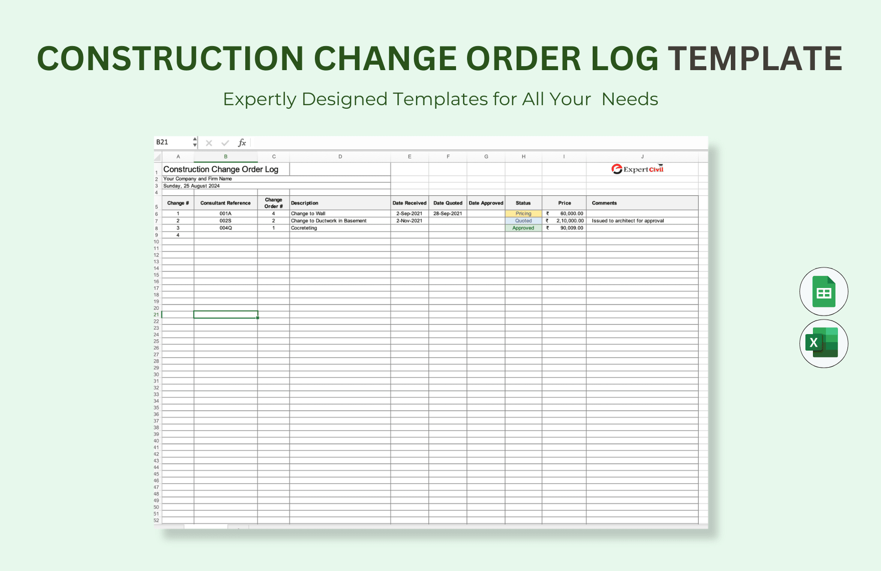 Construction Change Order Log Template Readymade Files