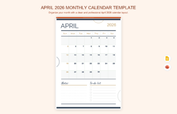 April 2026 Monthly Calendar Template