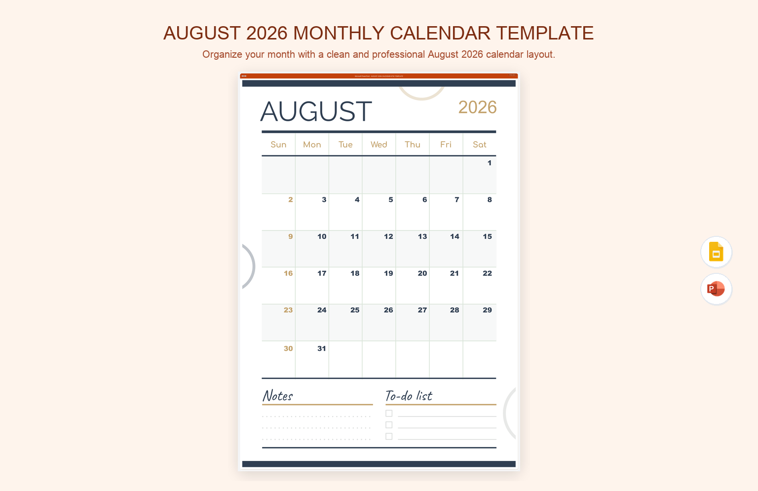 August 2026 Monthly Calendar Template