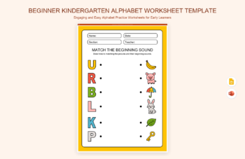 Beginner Kindergarten Alphabet Worksheet Template product preview thumbnail