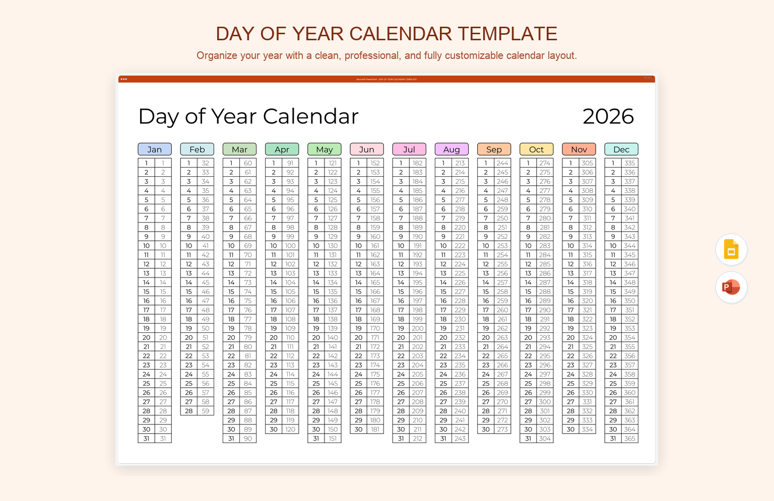 Day of Year Calendar Template