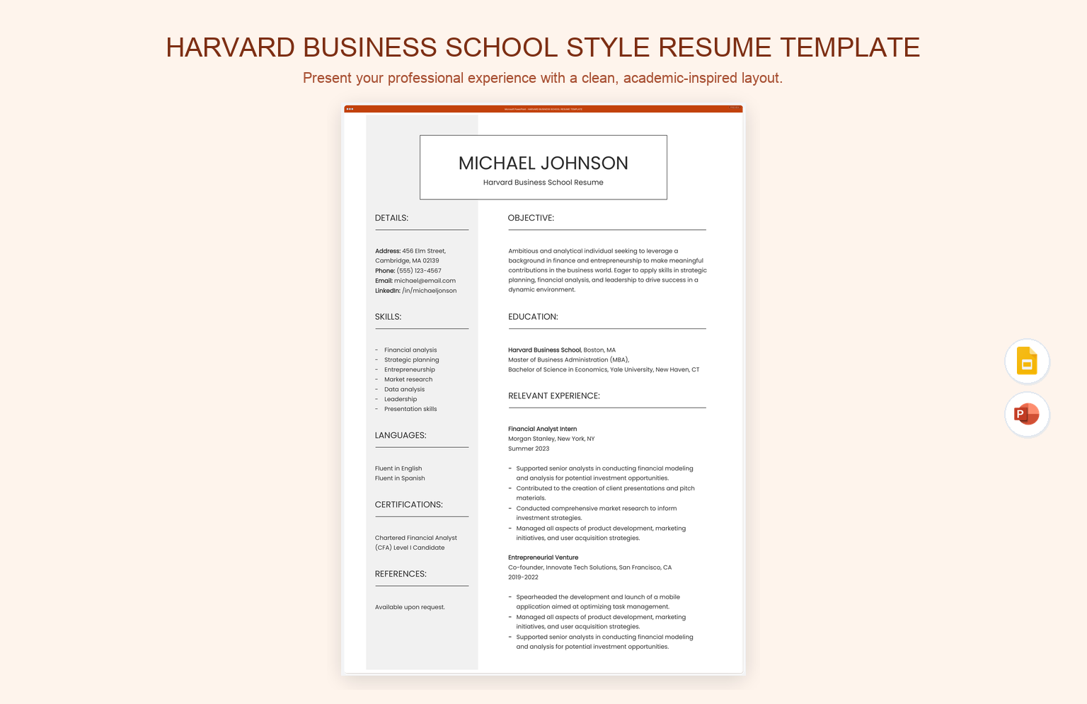 Harvard Business School Style Resume Template