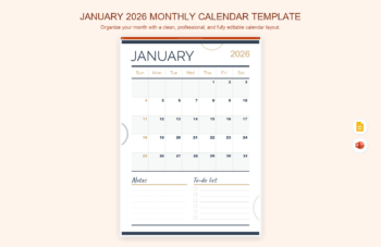 January 2026 Monthly Calendar Template