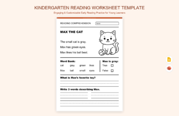 Kindergarten Reading Worksheet Template product preview thumbnail