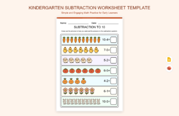 Kindergarten Subtraction Worksheet Template product preview thumbnail