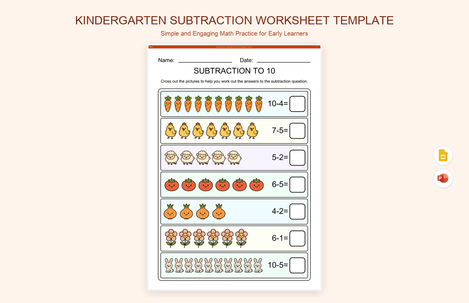 Kindergarten Subtraction Worksheet Template product preview thumbnail