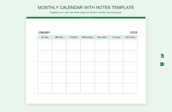 Monthly Calendar with Notes Template
