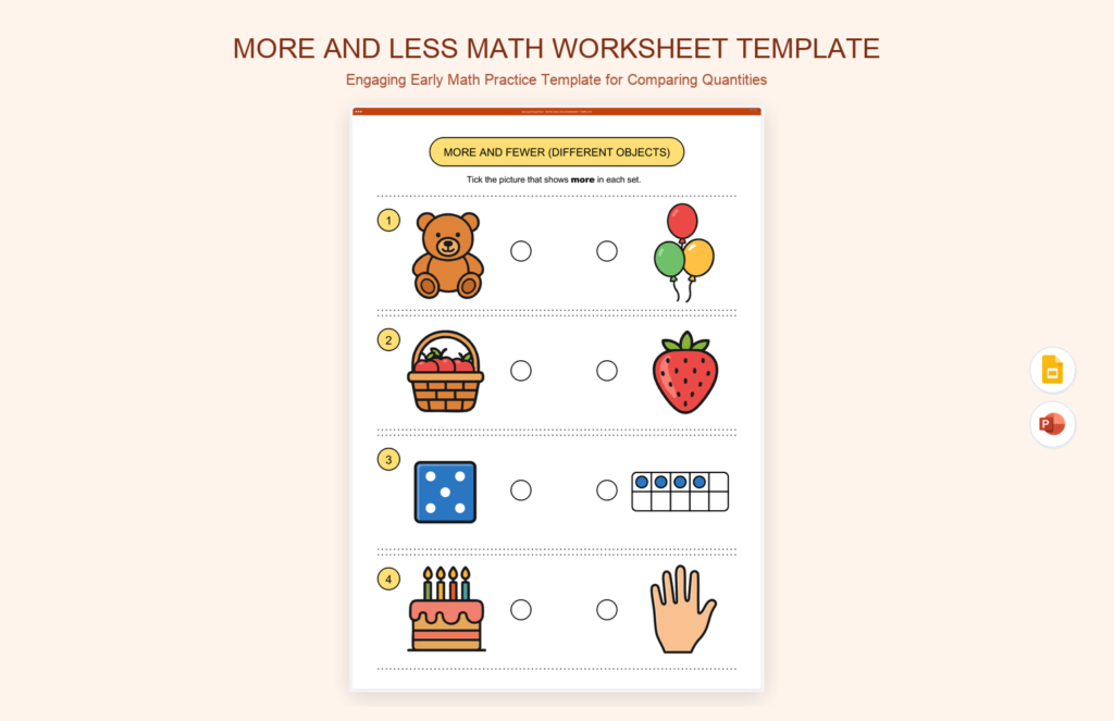 More and Less Math Worksheet Template product preview thumbnail