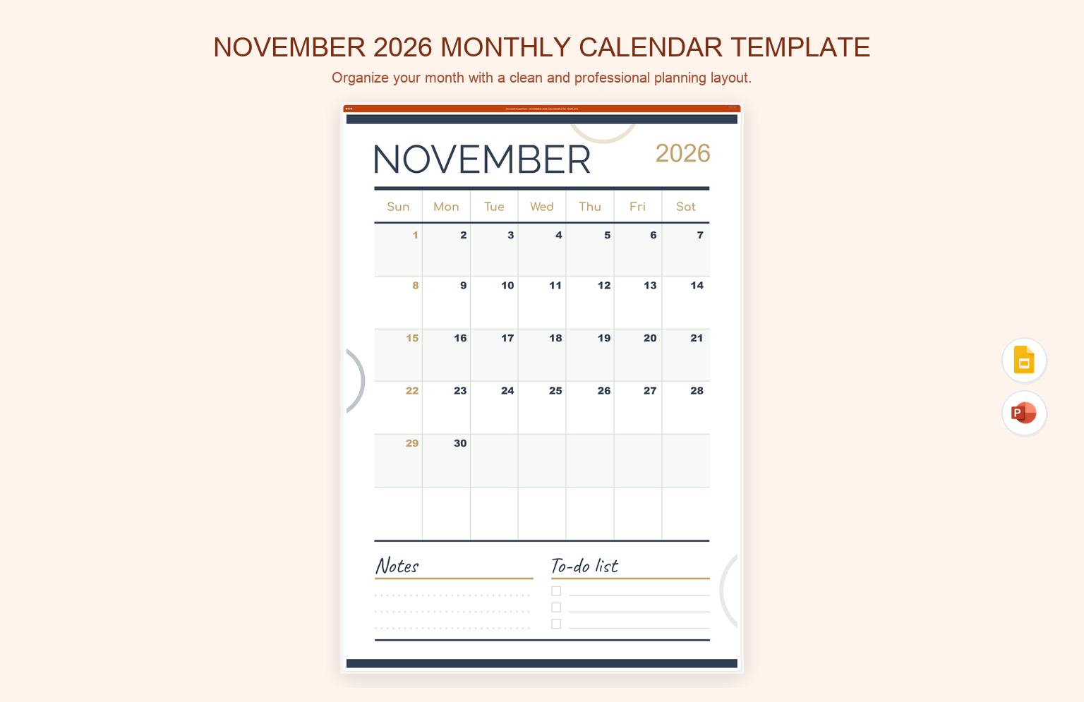 November 2026 Monthly Calendar Template
