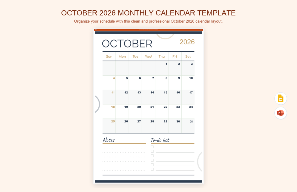 October 2026 Monthly Calendar Template