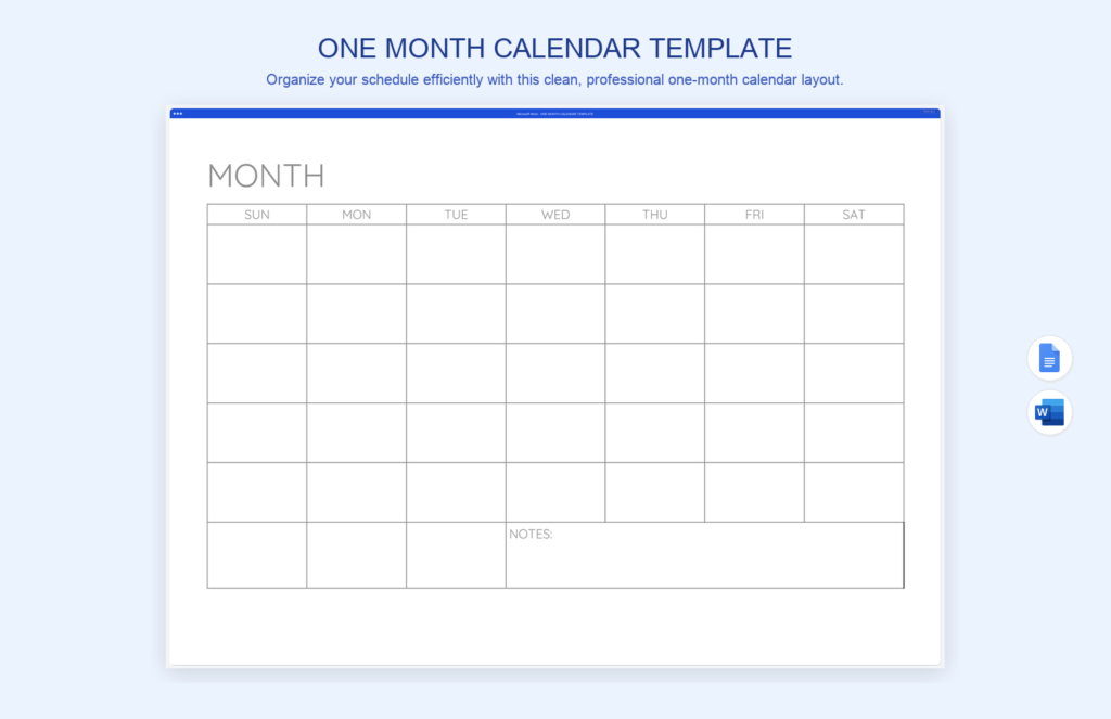 One Month Calendar Template