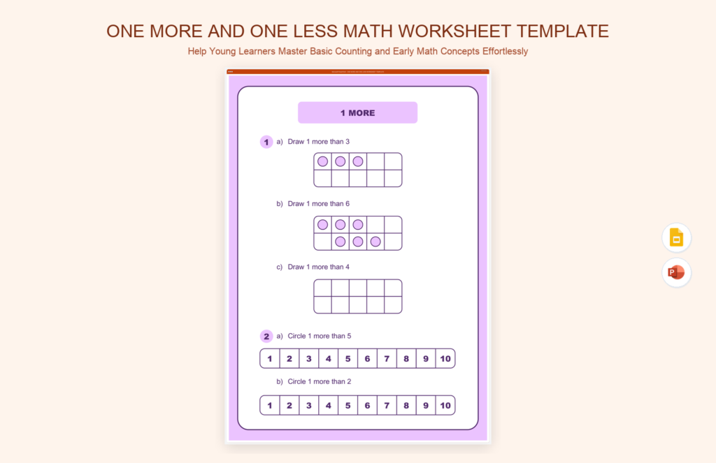 One More and One Less Math Worksheet Template product preview thumbnail