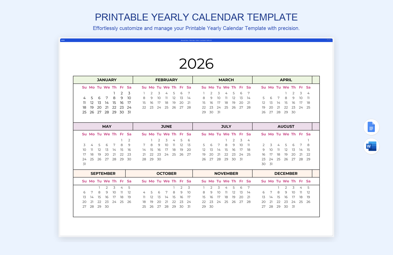 Printable Yearly Calendar Template