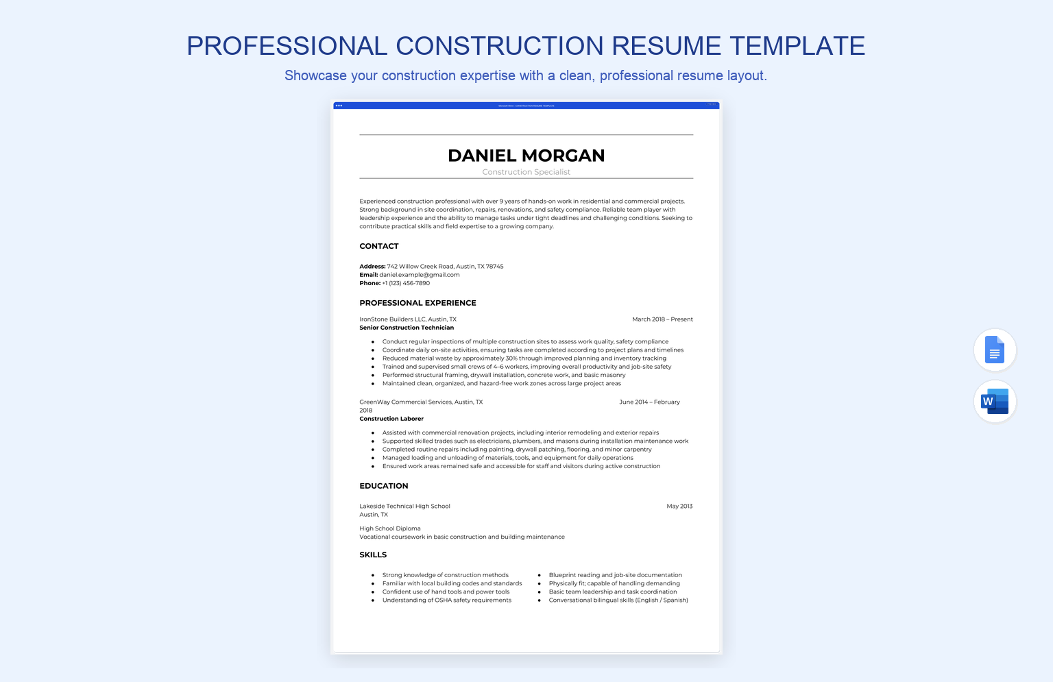 Professional Construction Resume Template