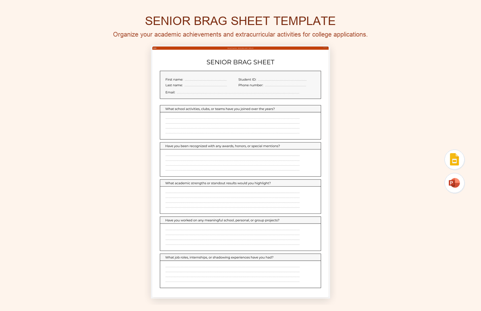 Senior Brag Sheet Template product preview thumbnail