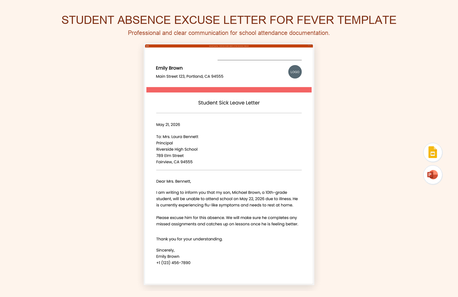 Student Absence Excuse Letter for Fever Template product preview thumbnail