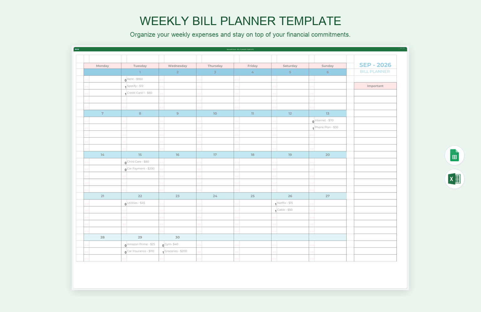 Weekly Bill Planner Template