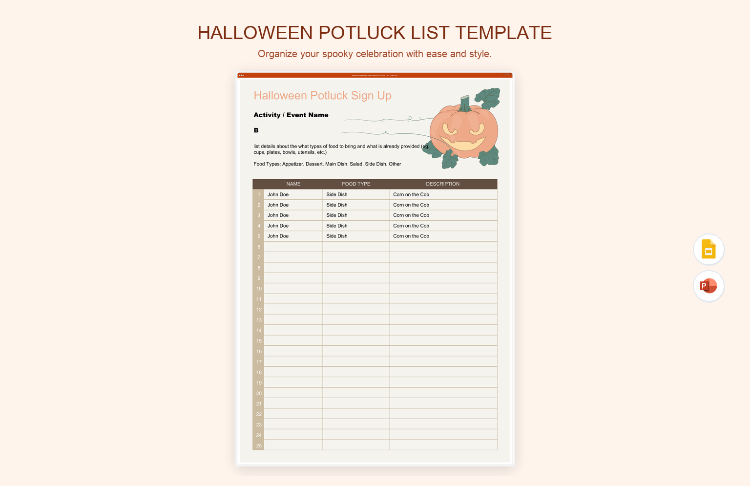 Halloween Potluck List Template product preview thumbnail