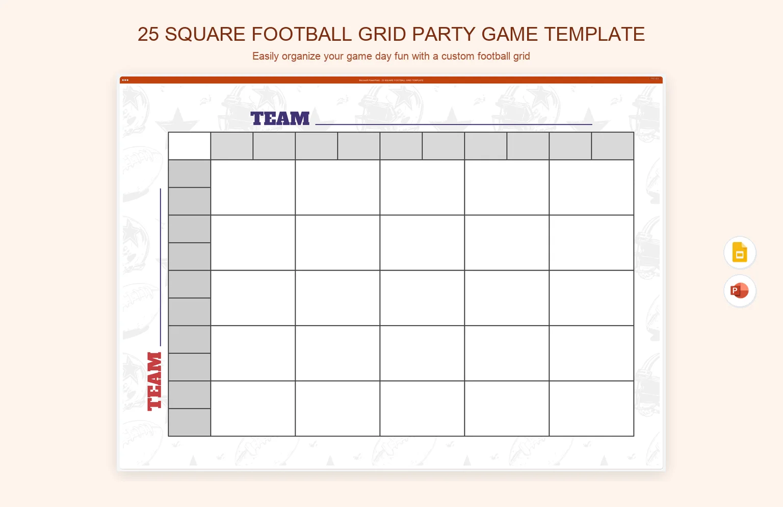 25 Square Football Grid Party Game Template product preview thumbnail