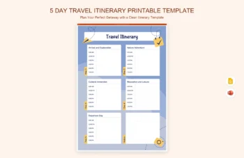 5 Day Travel Itinerary Printable Template product preview thumbnail