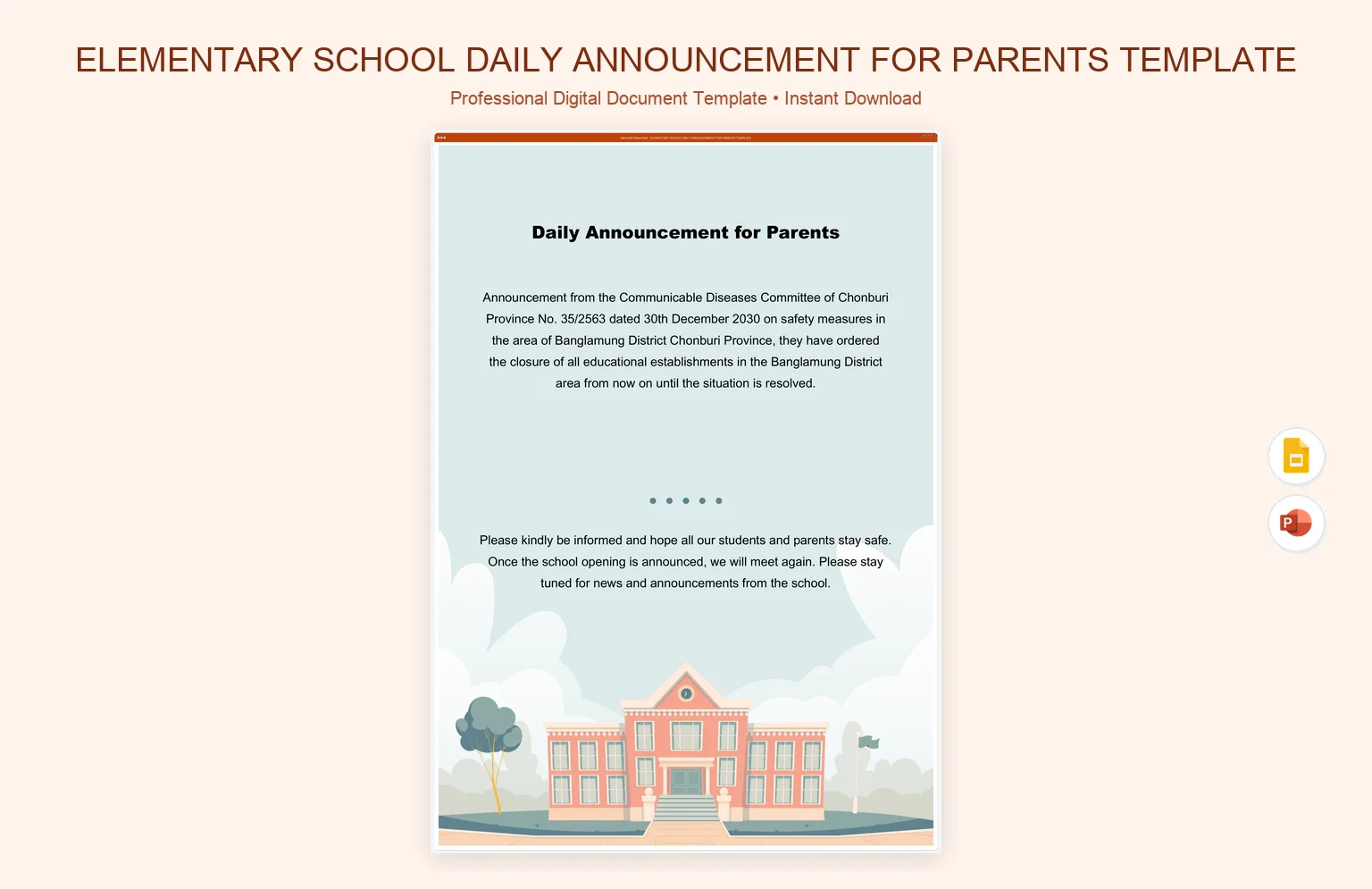 Elementary School Daily Announcement For Parents Template product preview thumbnail