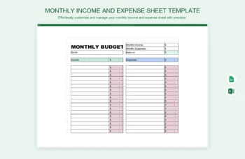 Monthly Income And Expense Sheet Template product preview thumbnail