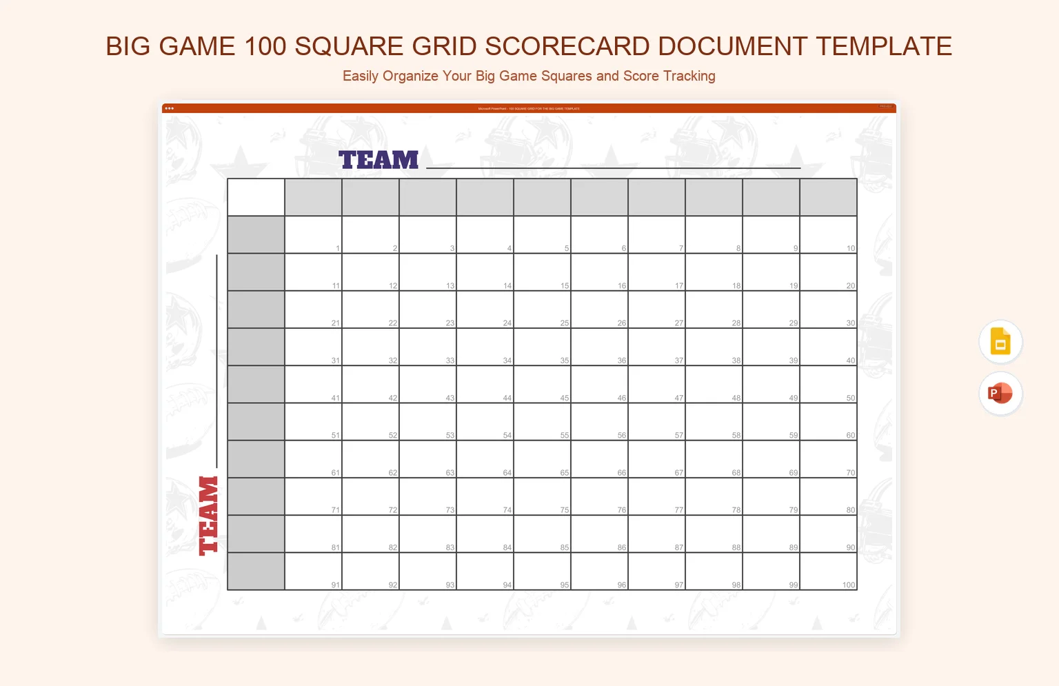 Big Game 100 Square Grid Scorecard Document Template product preview thumbnail