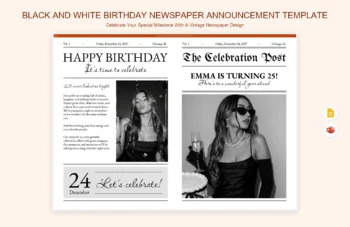 Black And White Birthday Newspaper Announcement Template product preview thumbnail