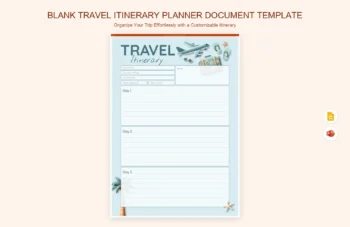 Blank Travel Itinerary Planner Document Template product preview thumbnail