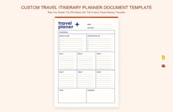 Custom Travel Itinerary Planner Document Template product preview thumbnail
