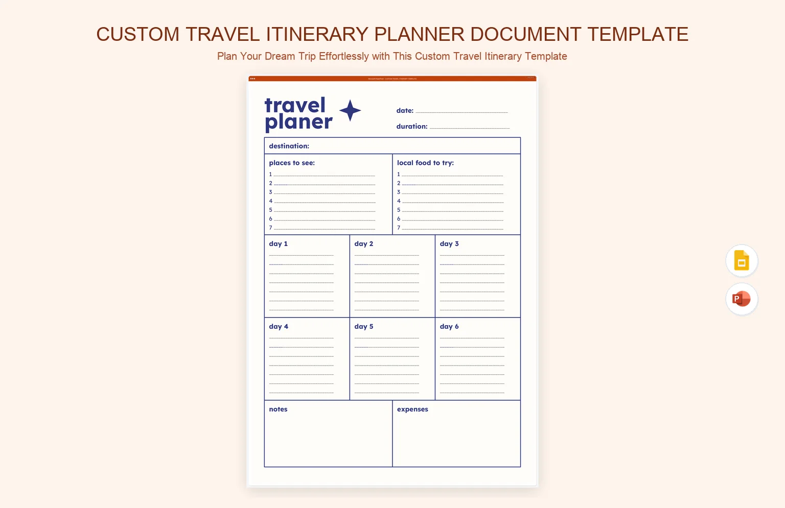Custom Travel Itinerary Planner Document Template product preview thumbnail