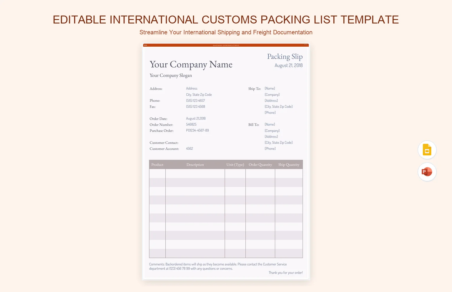 Editable International Customs Packing List Template product preview thumbnail