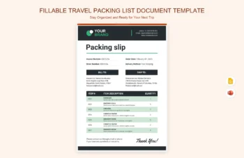 Fillable Travel Packing List Document Template product preview thumbnail