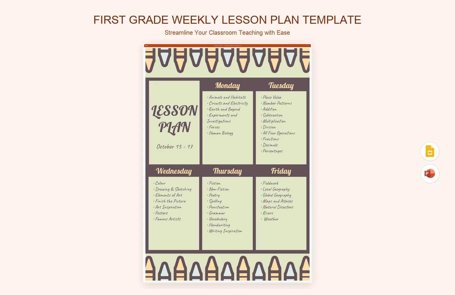 First Grade Weekly Lesson Plan Template product preview thumbnail