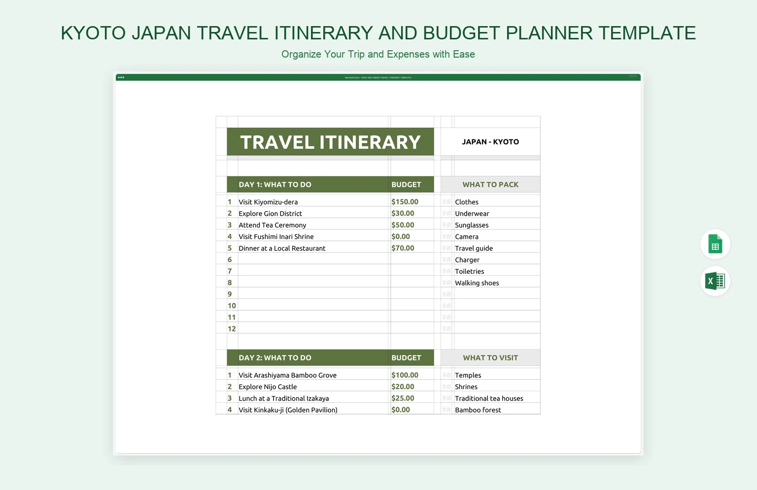 Kyoto Japan Travel Itinerary and Budget Planner Template product preview thumbnail