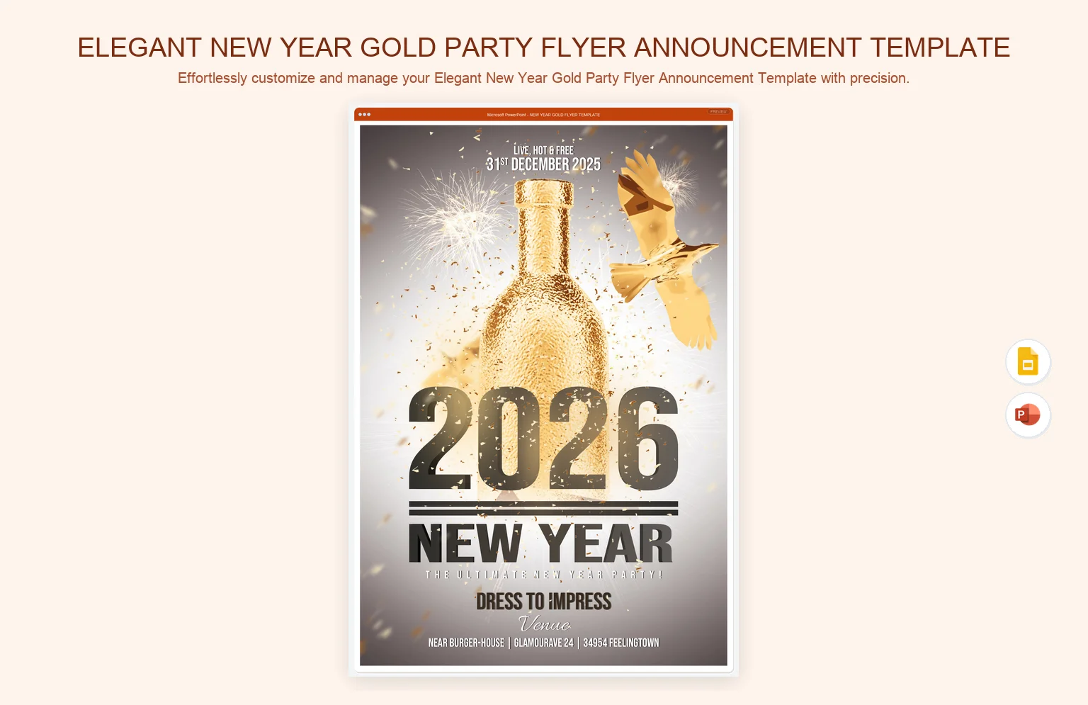 Elegant New Year Gold Party Flyer Announcement Template product preview thumbnail