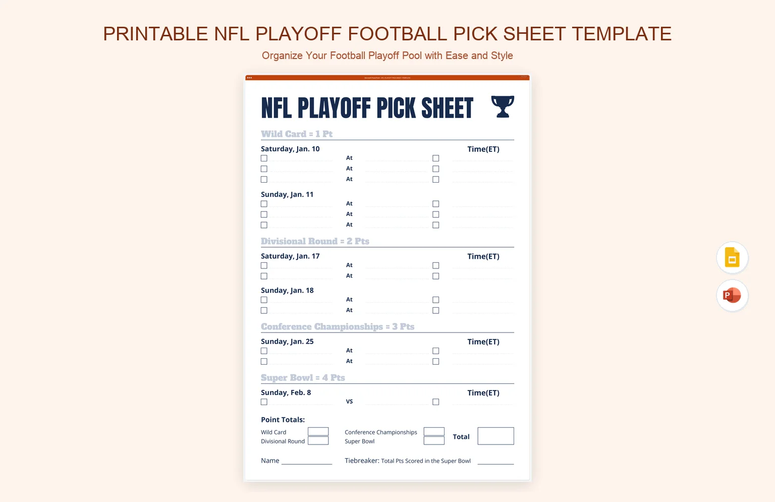 Printable NFL Playoff Football Pick Sheet Template