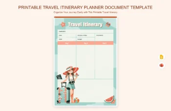 Printable Travel Itinerary Planner Document Template product preview thumbnail