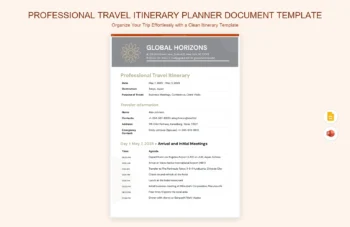Professional Travel Itinerary Planner Document Template product preview thumbnail