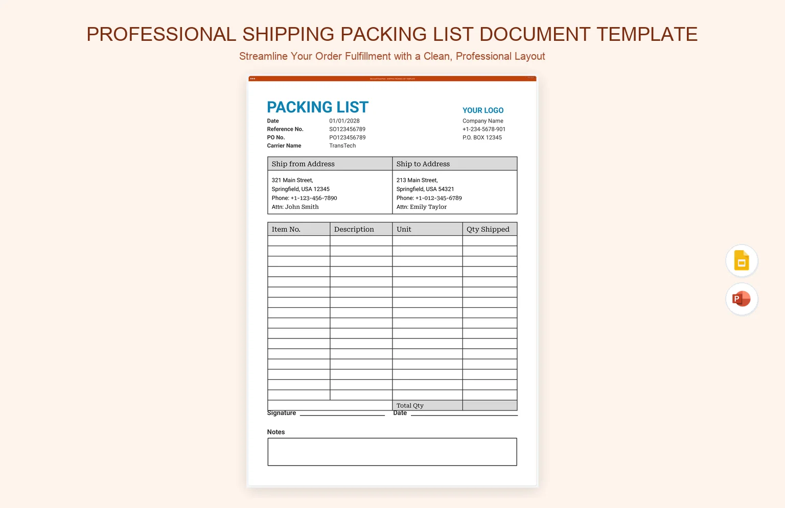 Shipping Packing List Template - Order Fulfillment