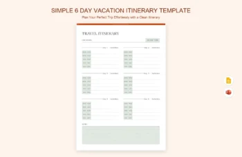 Simple 6 Day Vacation Itinerary Template product preview thumbnail