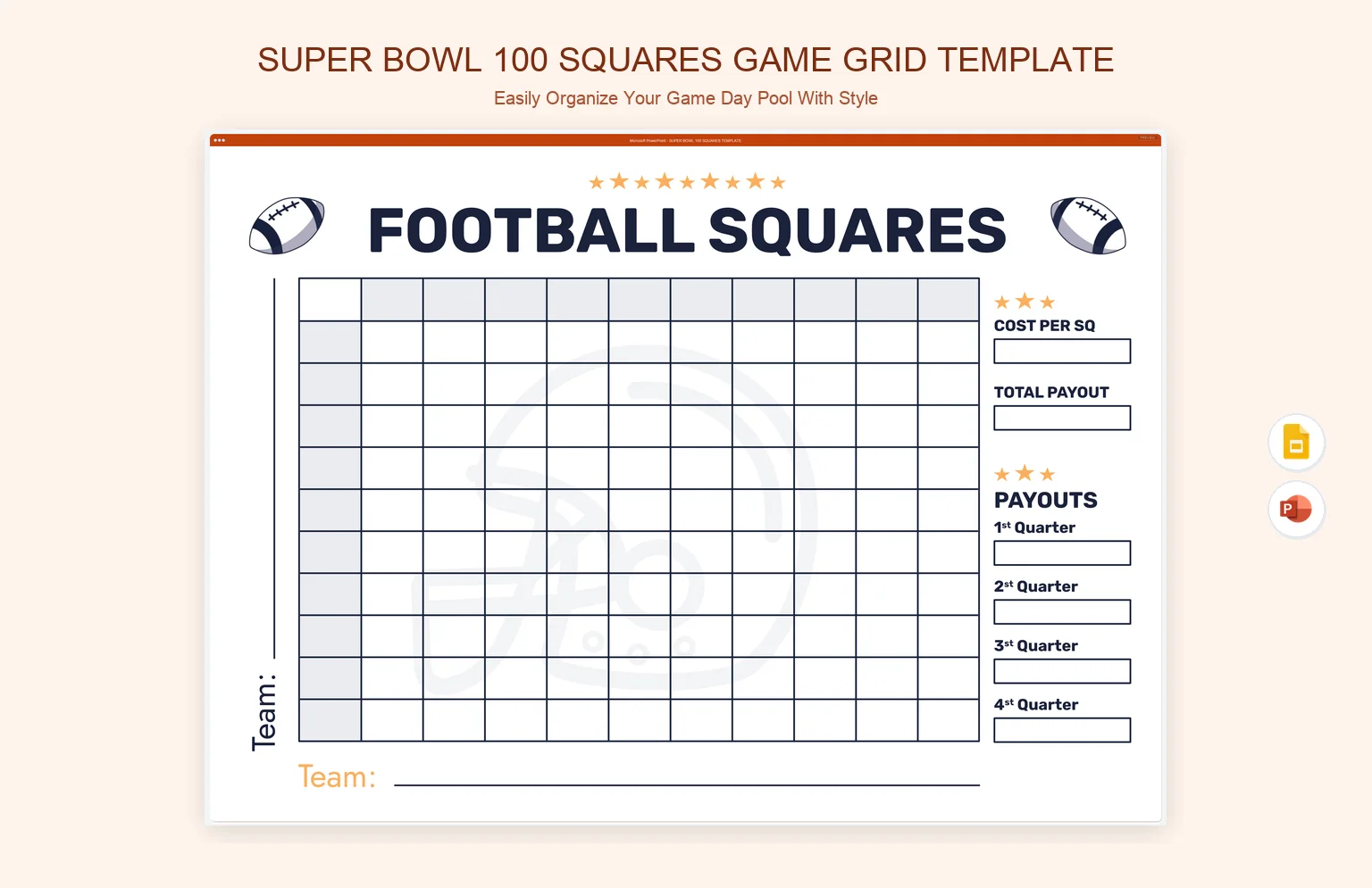 Super Bowl 100 Squares Game Grid Template product preview thumbnail