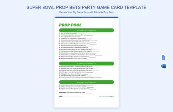 Super Bowl Prop Bets Party Game Card Template product preview thumbnail