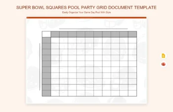 Super Bowl Squares Pool Party Grid Document Template product preview thumbnail