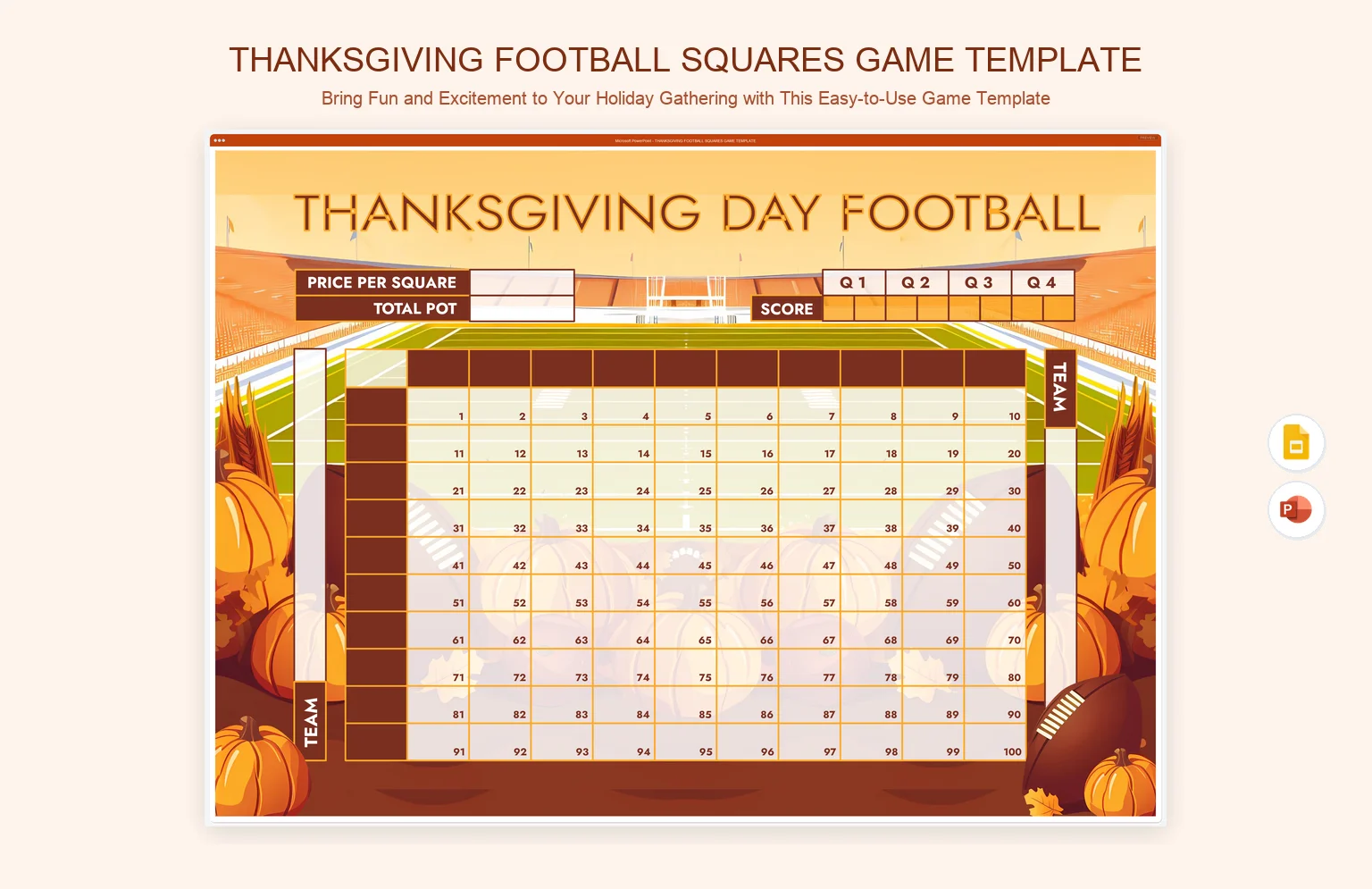 Thanksgiving Football Squares Game Template
