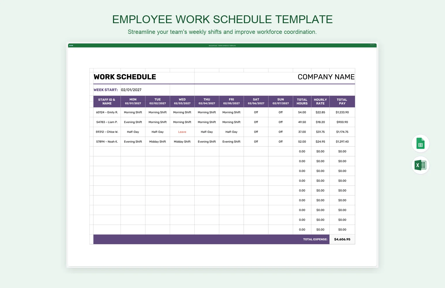 Employee Work Schedule Template product preview thumbnail