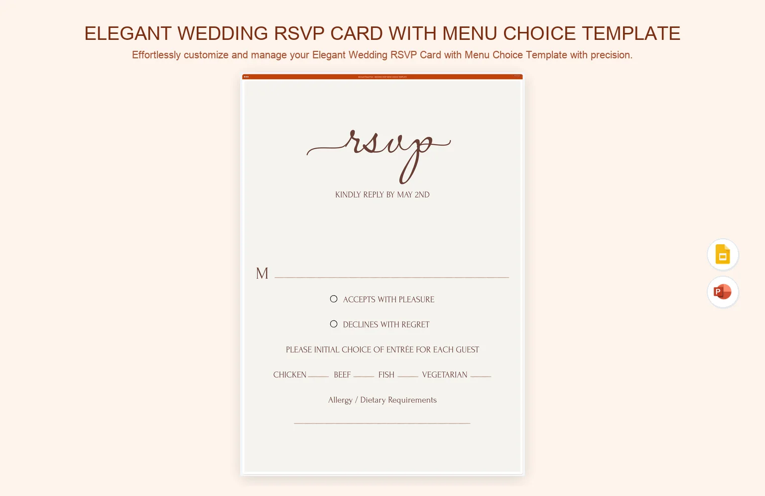 Elegant Wedding RSVP Card with Menu Choice Template product preview thumbnail