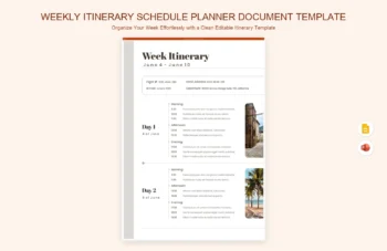 Weekly Itinerary Schedule Planner Document Template product preview thumbnail