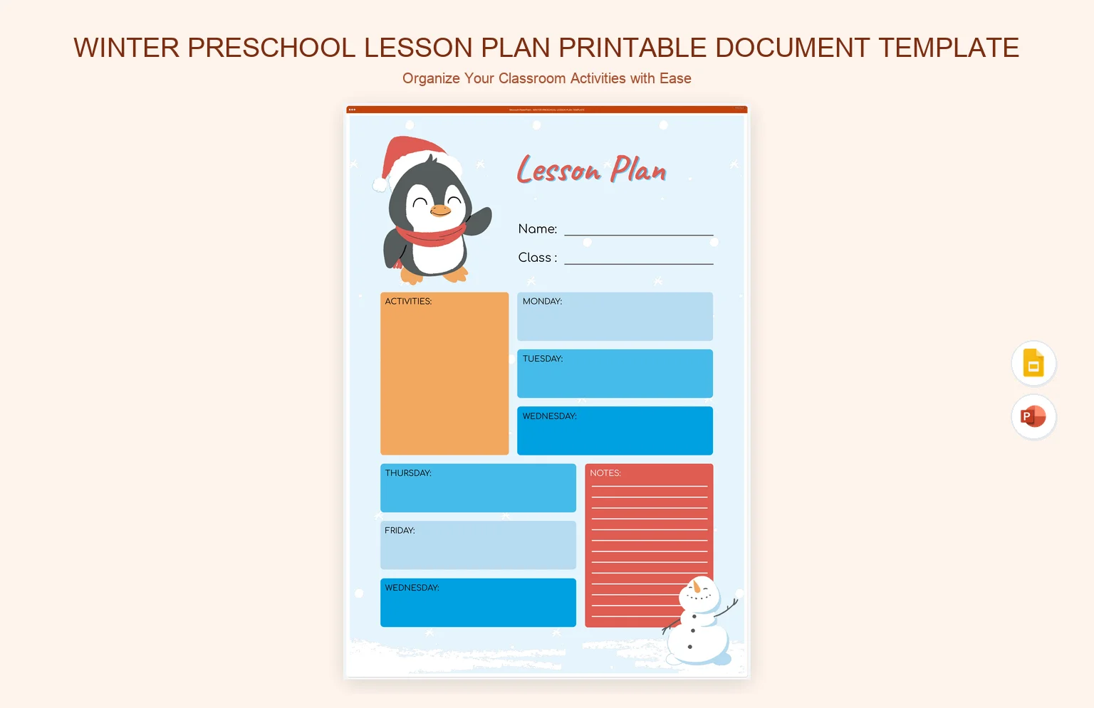 Winter Preschool Lesson Plan Printable Document Template product preview thumbnail