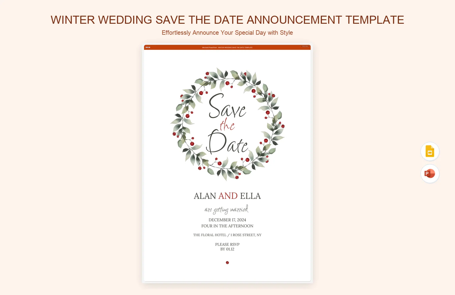 Winter Wedding Save The Date Announcement Template product preview thumbnail